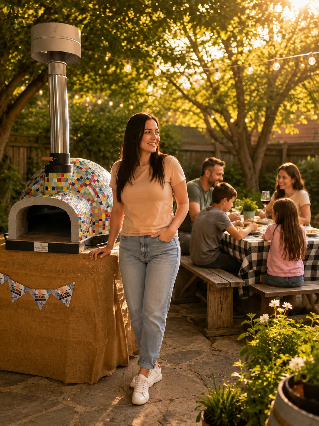 Fire & Dine pizza oven with friends enjoying pizza in a South African garden